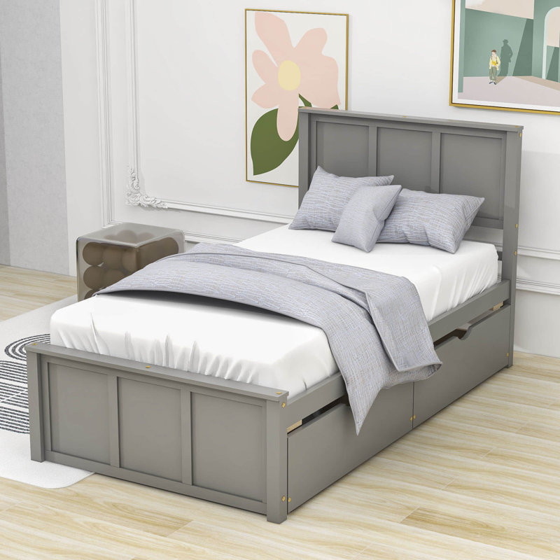 Lit plateforme simple en bois avec 2 tiroirs Elarna, gris