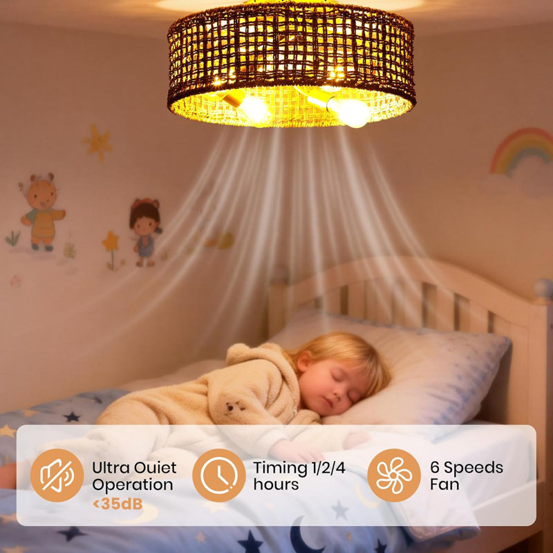 20" Boho Rattan Ceiling Fans with Lights, Remote Control, Low Profile Flush Mount Ceiling Fan with Light, Reversible 6 Speeds Adjustable, Handwoven, E26 Base, for Bedroom, Living Room