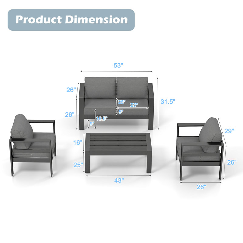 Arnhildur 4 - Person Patio Conversation Set with Cushions, Dark Gray, Gray