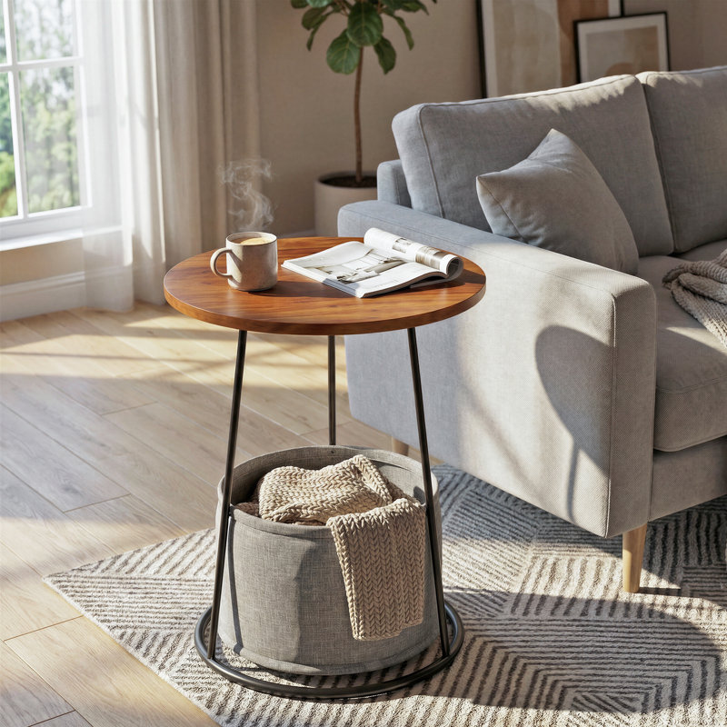 Table de bout ronde 15,75 po avec panier en tissu pour le salon et la chambre à coucher