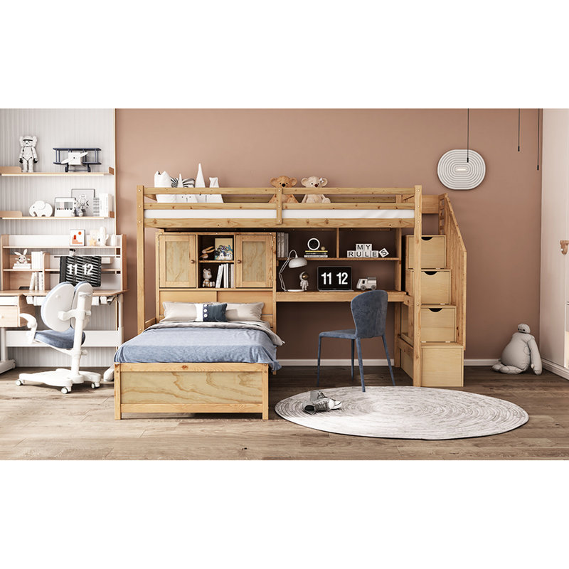 Natural Twin Over Loft Bed With Storage And & Pine Construction Built-In Desk Strong Structure, Natural