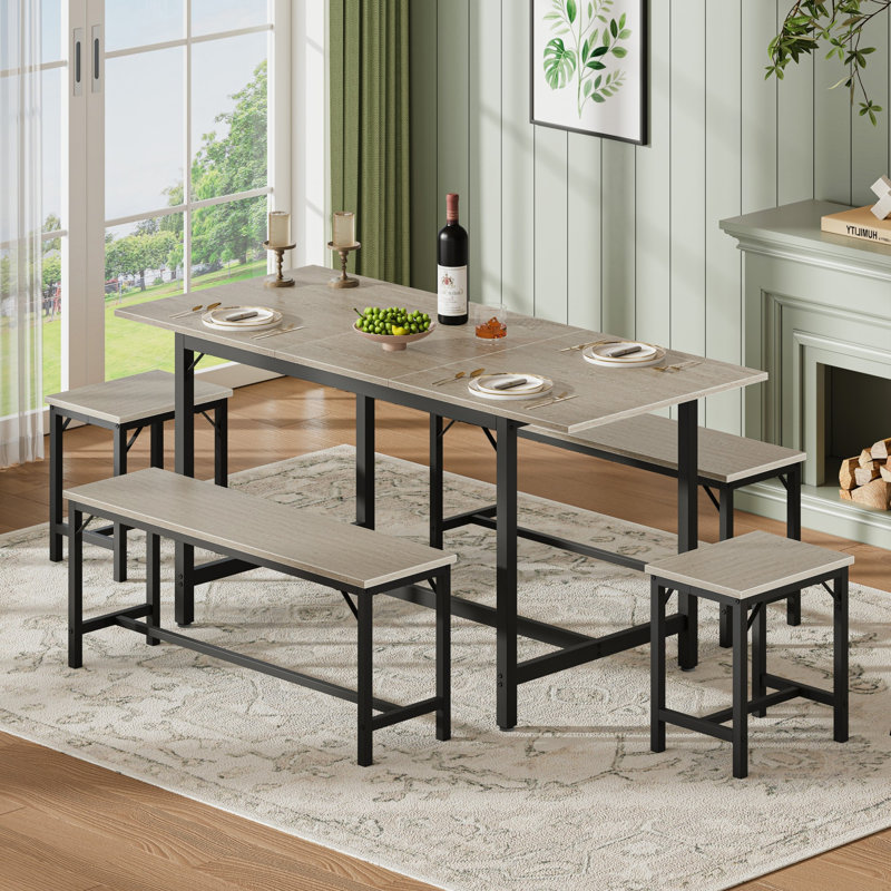 Ensemble de table de salle à manger extensible, table de cuisine avec 2 bancs, 2 tabourets, Gray / Black, Gray, Gray
