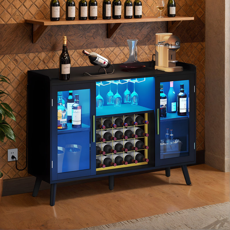 Brevan 53" Modern Bar Cabinet and Wine Bar Cabinet with Power Outlets & LED Lights, Black