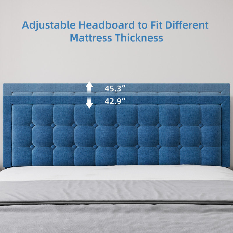 King Size Blue Linen Platform Bed Frame - Wood Slat Support, Adjustable Headboard, Noise Free, No Box Spring Needed