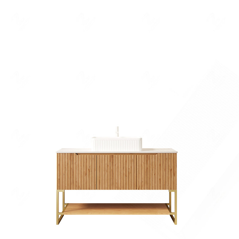 Meuble-lavabo 48 po avec 3 portes et tablette ouverte, lavabo rectangulaire en céramique blanche et comptoir en pierre frittée blanche