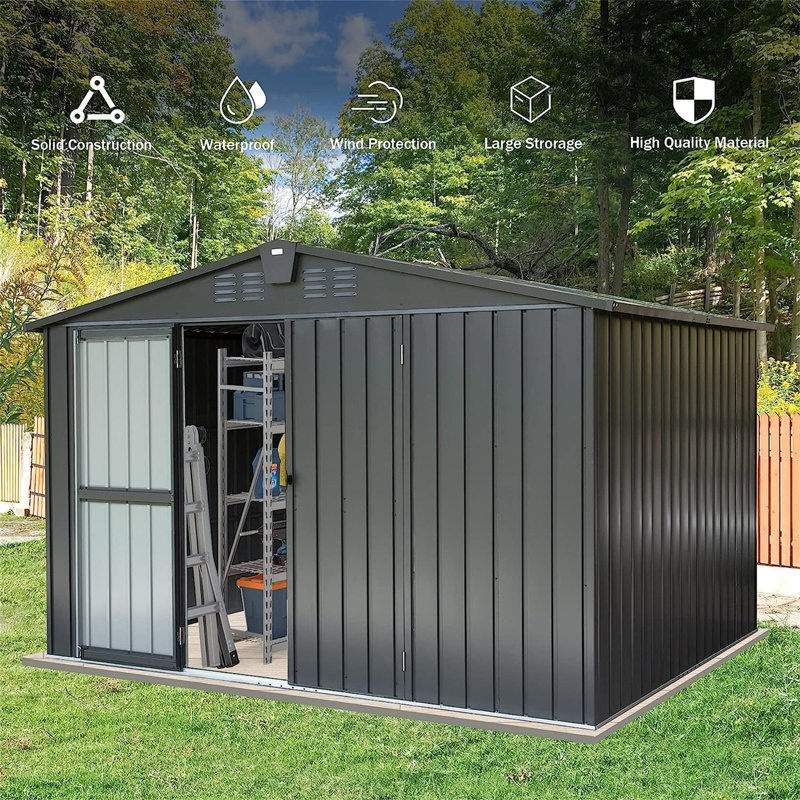 Outdoor Storage Shed 10'X 8', Metal Garden Shed For Bike, Trash Can, Tools, Galvanized Steel Outdoor Storage Cabinet With Lockable Door For Backyard, Patio, Lawn (10X8ft)