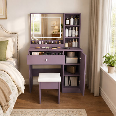 Coiffeuse Sarviel avec miroir à DEL 3 couleurs et tabouret