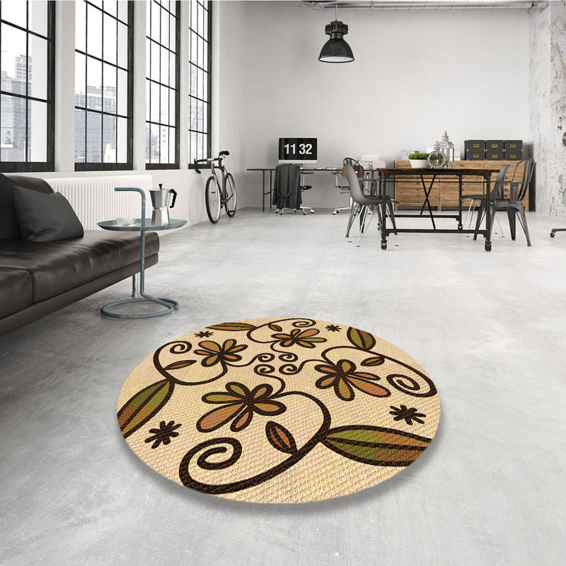 Tapis à aire beige en laine floral, Rond 4 pi