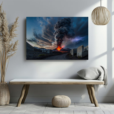 Toile, une éruption volcanique dramatique domine la scène avec un art mural imposant colonne de fumée noire