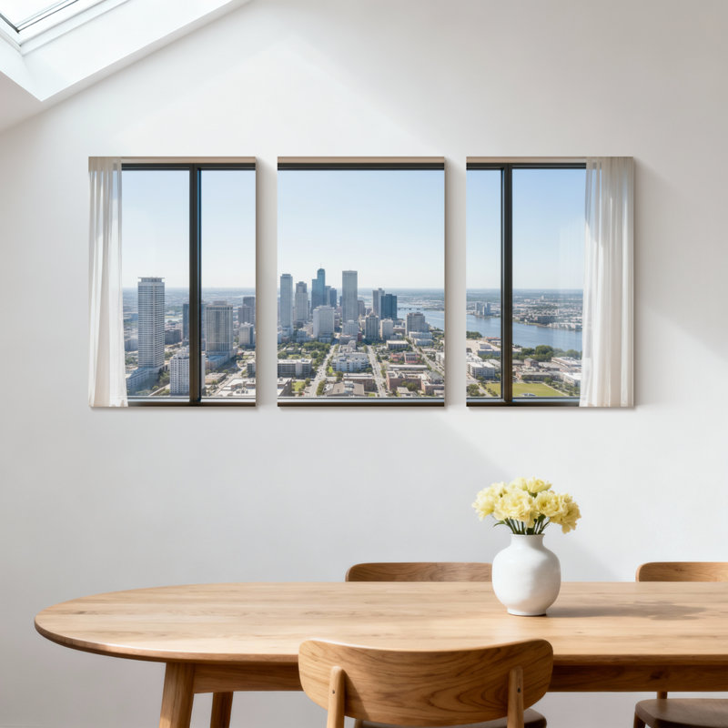 Ensemble de 3 impressions sur toile, "Scenic & Cityscapes Cityscape View Through Large Windows", H 30 po x l 60 po
