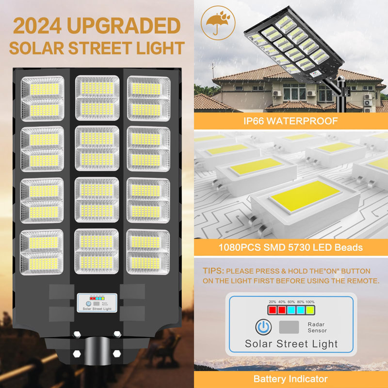 Home Outdoor Led Street Light (set Of 2) With Solar Panels Dusk To Dawn With Motion Sensor 3600w 300000 Lumens Ip66 Waterproof For Parking Lots Backyard