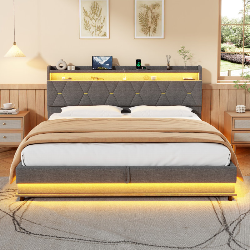Upholstered Bed Frame, Hydraulic Storage, LED Headboard with USB & Type-C, Grey, 6ft
