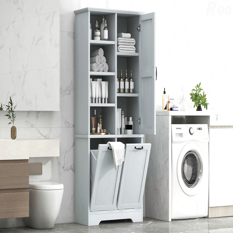 Armoire de rangement pour salle de bain avec portes et tiroirs, panier à linge inclinable, plusieurs espaces de rangement, style autoportant, tablette ouverte, tablette réglable, gris