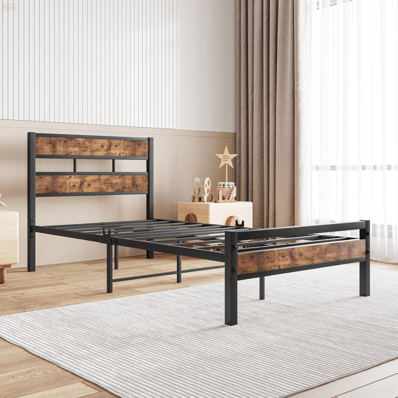 Base de lit plateforme avec tête de lit en bois rustique rétro, support de lattes en métal robuste, aucun sommier requis