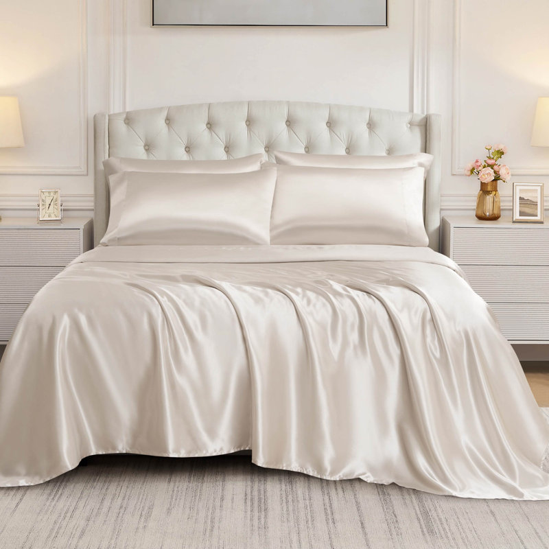 BCBG Satin Sheet Sets with Extra Pillowcases, Lit simple, Beige clair de lune