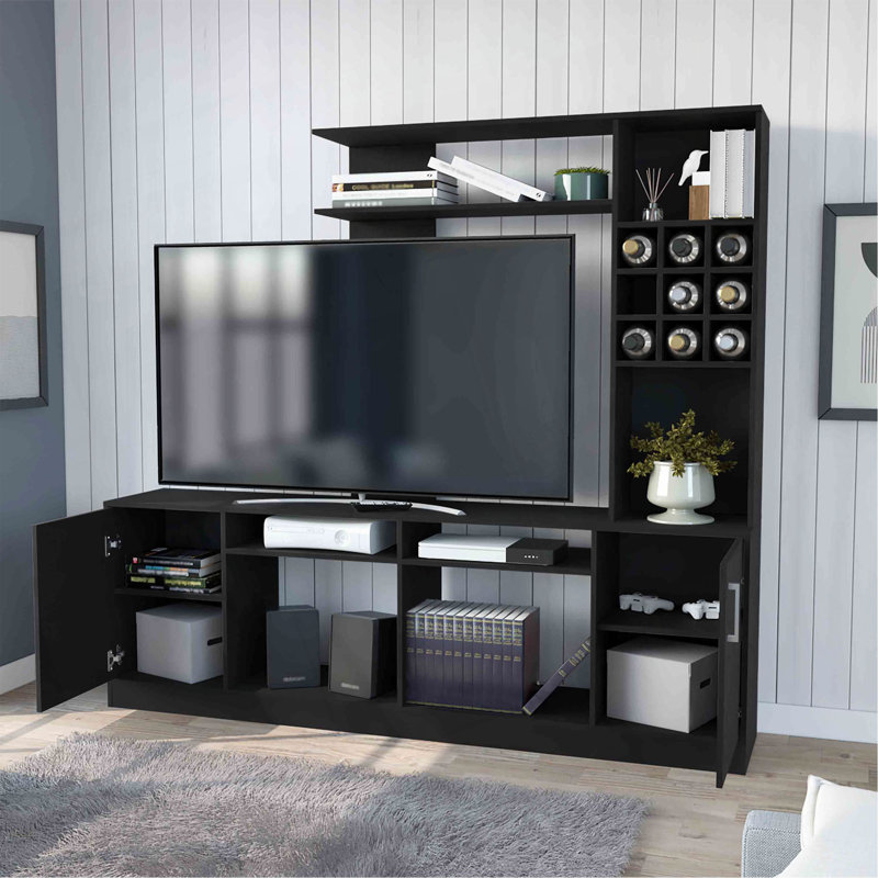 Meuble audio-vidéo vibrant pour téléviseur de 78 po ou plus, armoire à deux portes, espaces de rangement, six tablettes extérieures