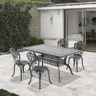 Ensemble de salle à manger 5 pièces en aluminium moulé résistant aux intempéries, cadre noir, finitions et construction soignées, assise ergonomique confortable, coussin antidérapant, instructions de montage simples, mobilier adapté à toutes les conditions climatiques.