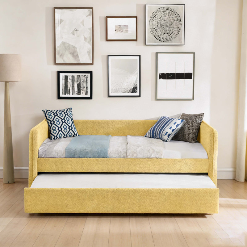 Daybed with Twin Size Pop-up Trundle Upholstered Tufted Sofa Bed, Twin Size, Boucle Fabric, Twin, Yellow