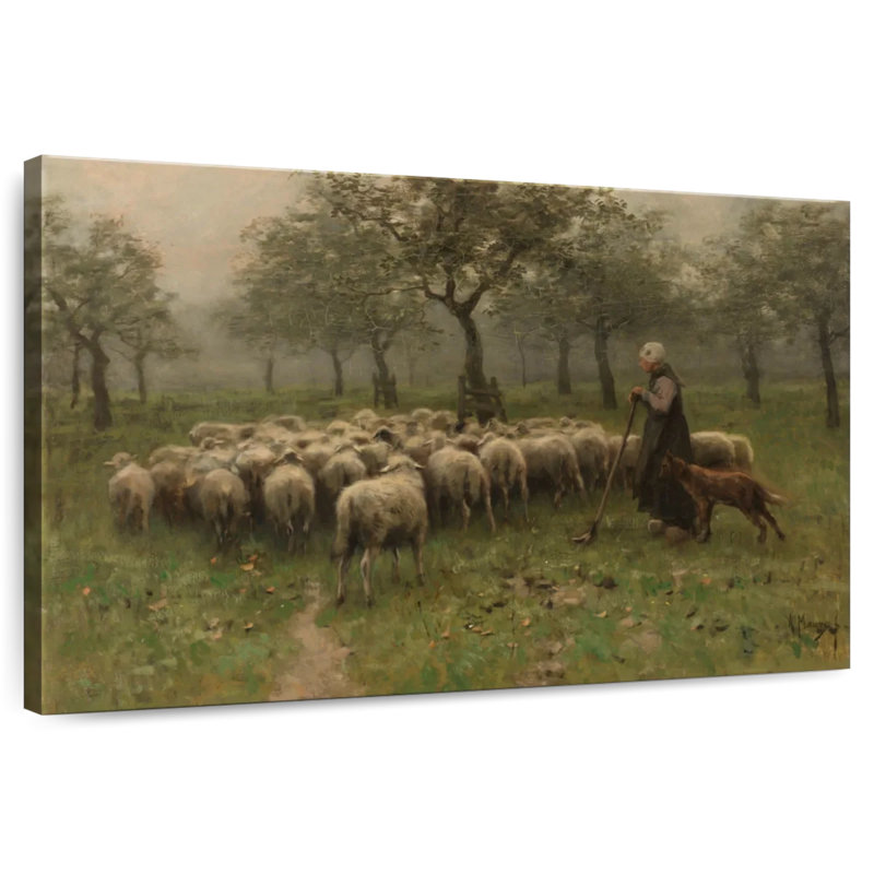 Bergère avec un troupeau de moutons, H 32 po x l 48 po