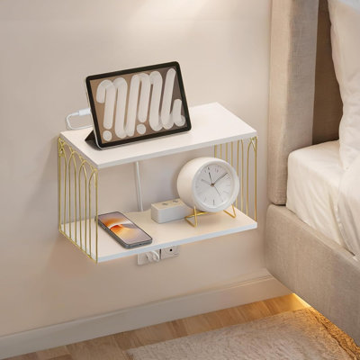 Table de chevet flottante avec trou de câble, petit minimalisme moderne, table de chevet murale blanche et dorée, tables de chevet suspendues en bois de pin, tablette de rangement à 2 niveaux pour la cuisine de la chambre à coucher