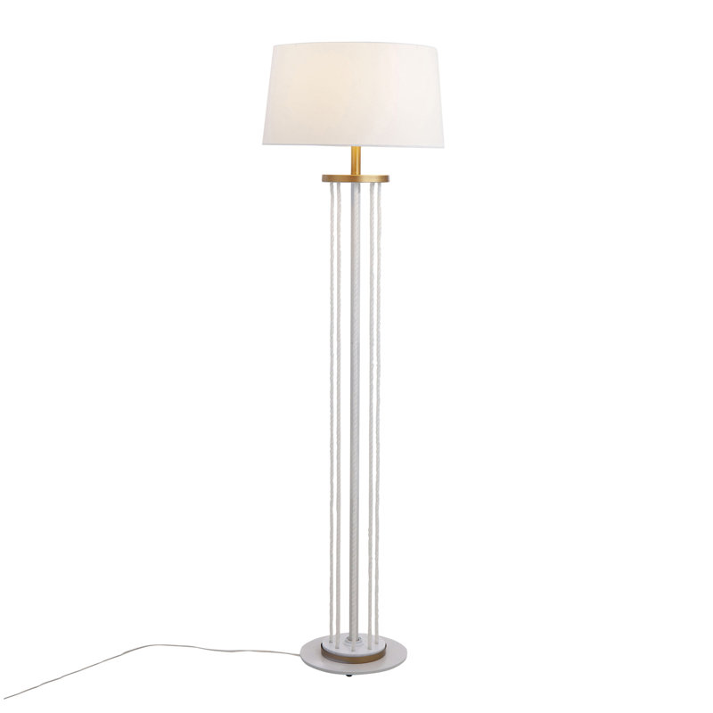 Lampe sur pied contemporaine en bois naturel, métal blanc et corde blanche Rope