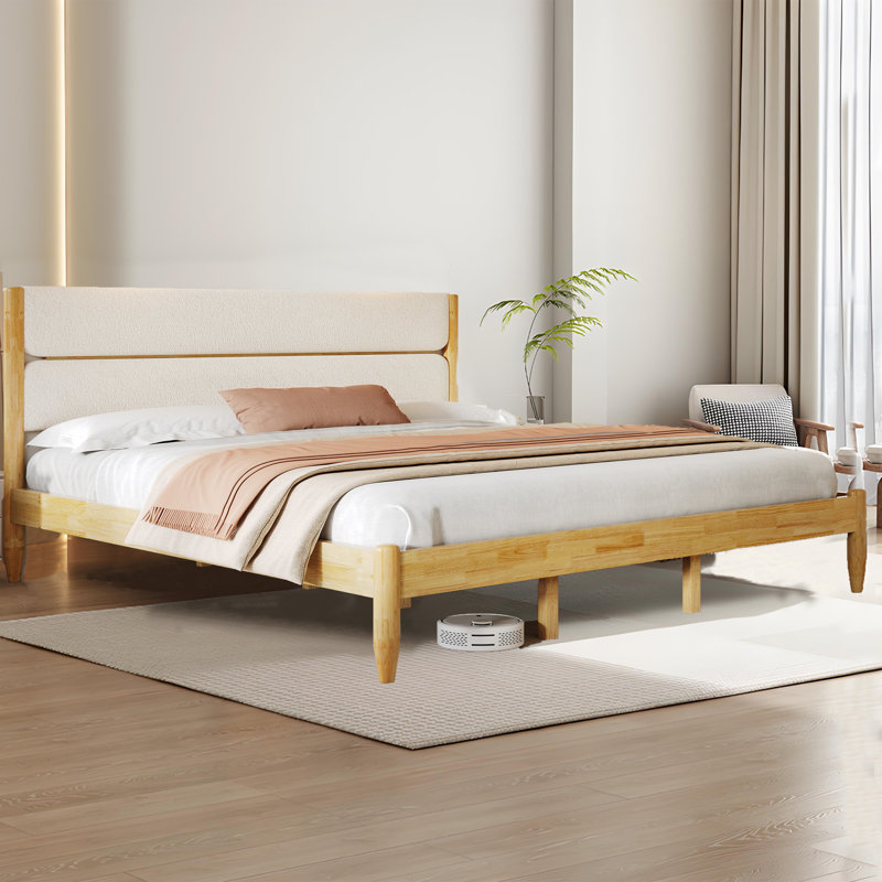 King Size Solid Wood Bed Frame With Textured Fleece Upholstered Headboard, King