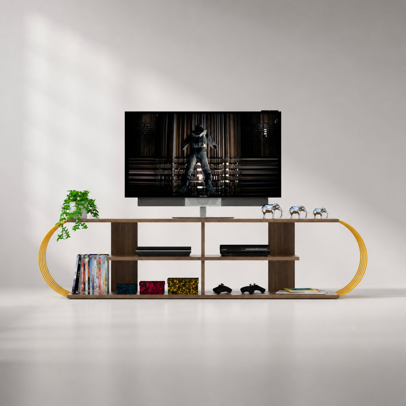 Meuble télé moderne du milieu du siècle avec quatre tablettes ouvertes et un grand espace de rangement pour le salon