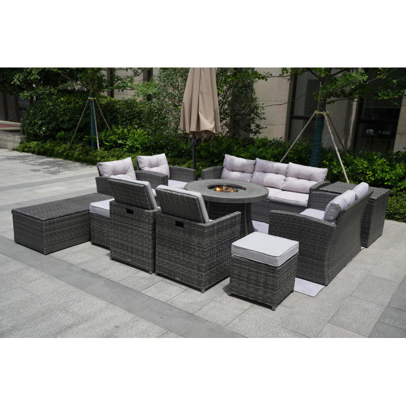 Ensemble de conversation en osier / rotin pour 11 personnes avec coussins Areefa, Gris