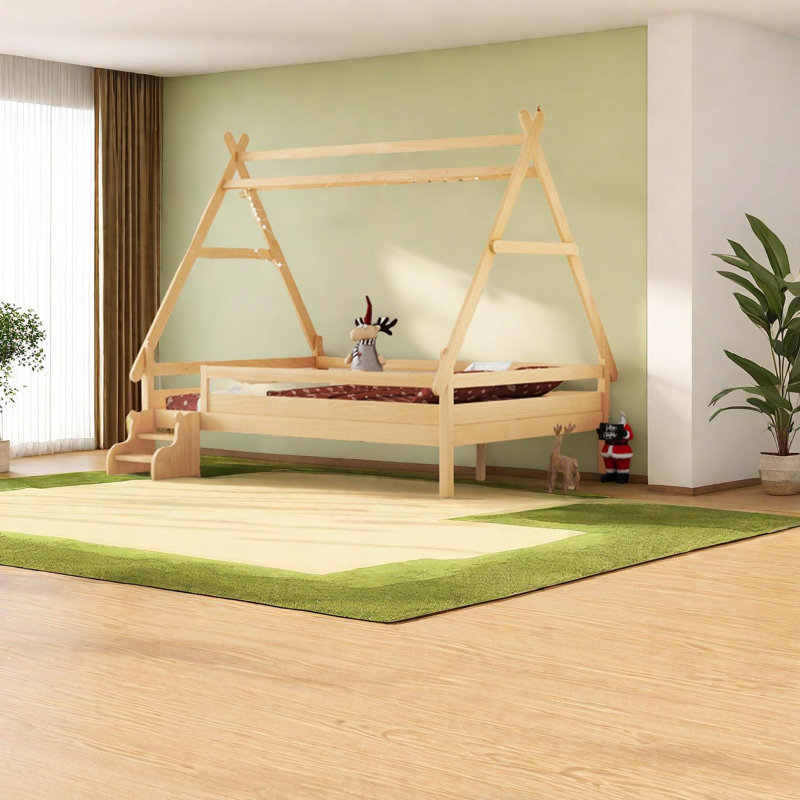 Lit double en bois naturel avec escalier, conception spacieuse, idéal pour les enfants