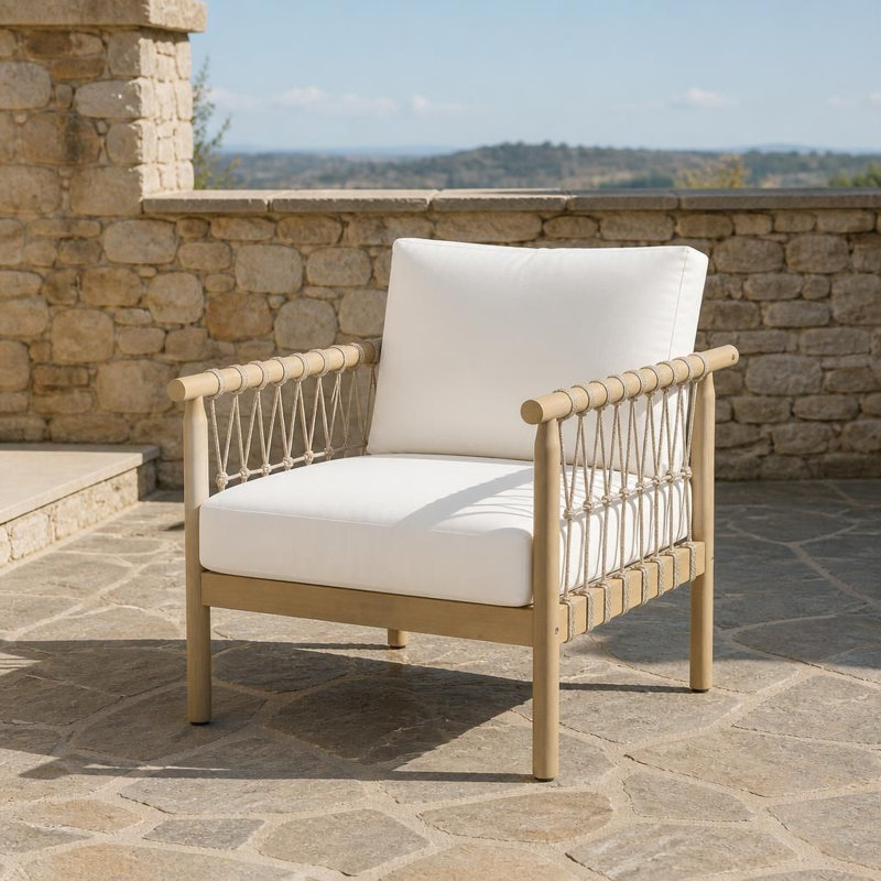 Oversized Outdoor Lounge Armchair with Woven Rope Armrests, Solid Acacia Wood Frame, Thick Padded Cushions, Weather-Resistant Patio Seating