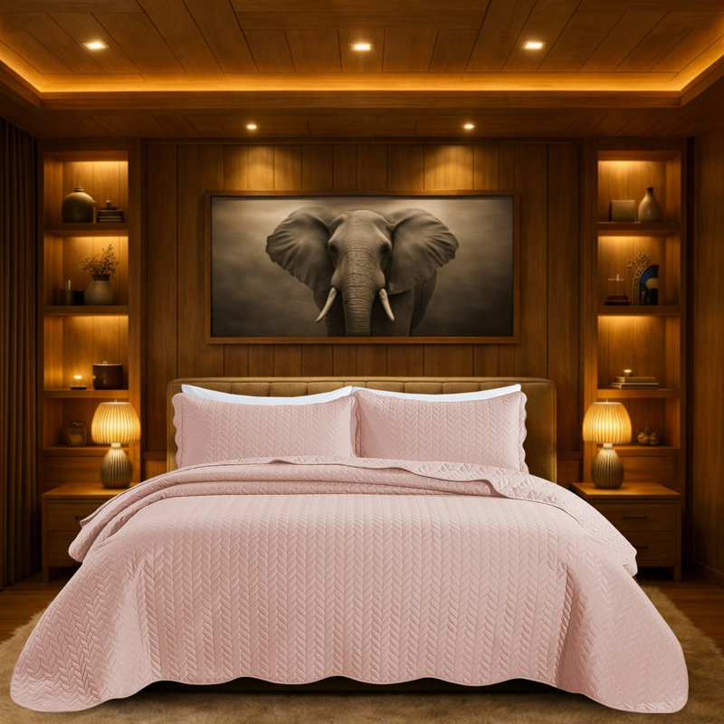 Microfiber Embossed Oversized Bedspread Set With Shams – Modern & Contemporary, Machine Washable, Dust-Resistant, Peach