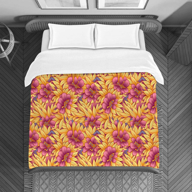 Housse de couette , Housse de couette pour grand lit, Rose / Motif floral jaune