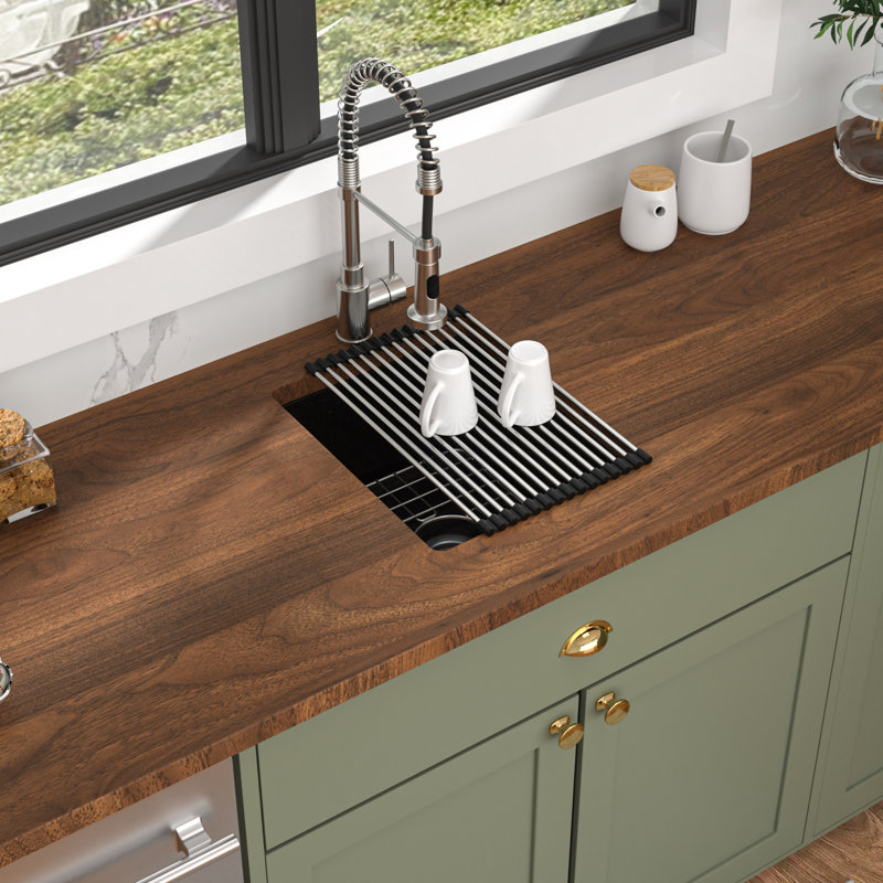 Undermount Kitchen Sink Quartz Single Bowl Kitchen Bar Sink with Roll Up Rack, Black, 15" L x 17" W