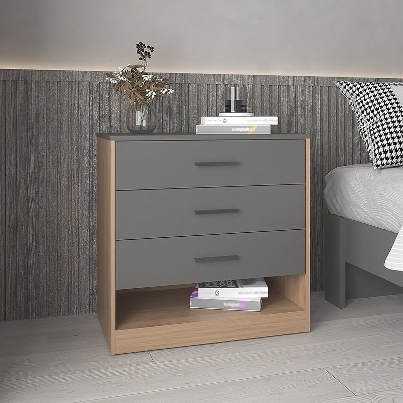 Commode à trois tiroirs de 27 po de hauteur et tablette ouverte, Gris / Brun