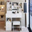 Petit meuble-lavabo blanc avec tiroir de gauche, miroir coulissant à droite, rangement multi-couches, tabouret rembourré, design américain et 29,2 po de largeur et 50,4 po de hauteur pour les espaces