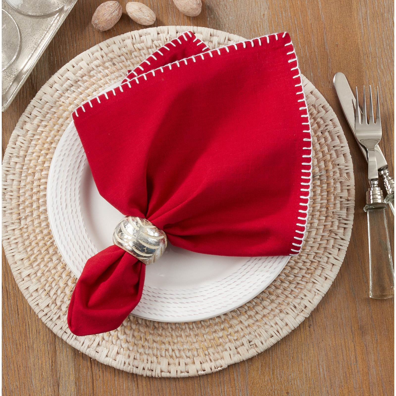 Ivara Whip Stitched Design 20" Cotton Napkin, Red