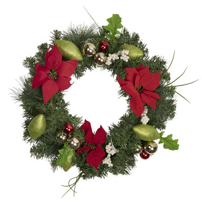 Couronne de Noël artificielle décorée rouge et vert poinsettia et pin 24 pouces