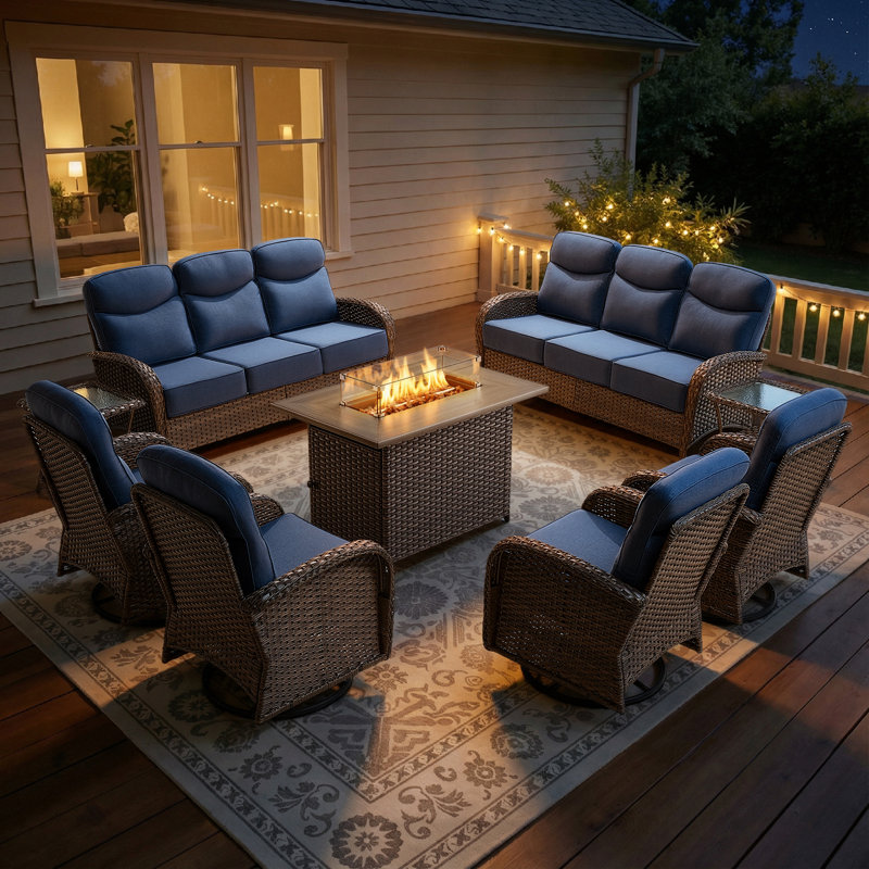 9-Piece Outdoor Wicker Garden Large Family Sofa Conversation Set With Swivel Chairs And Fire Pit Table, Blue