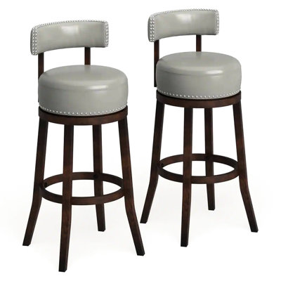 2 tabourets pivotants de 30 po en bois de chêne foncé et gris, chaises de salle à manger transitionnelles, siège rembourré et magnifique paire de tabourets à garniture cloutée, gris, bois, sièges, attrayant