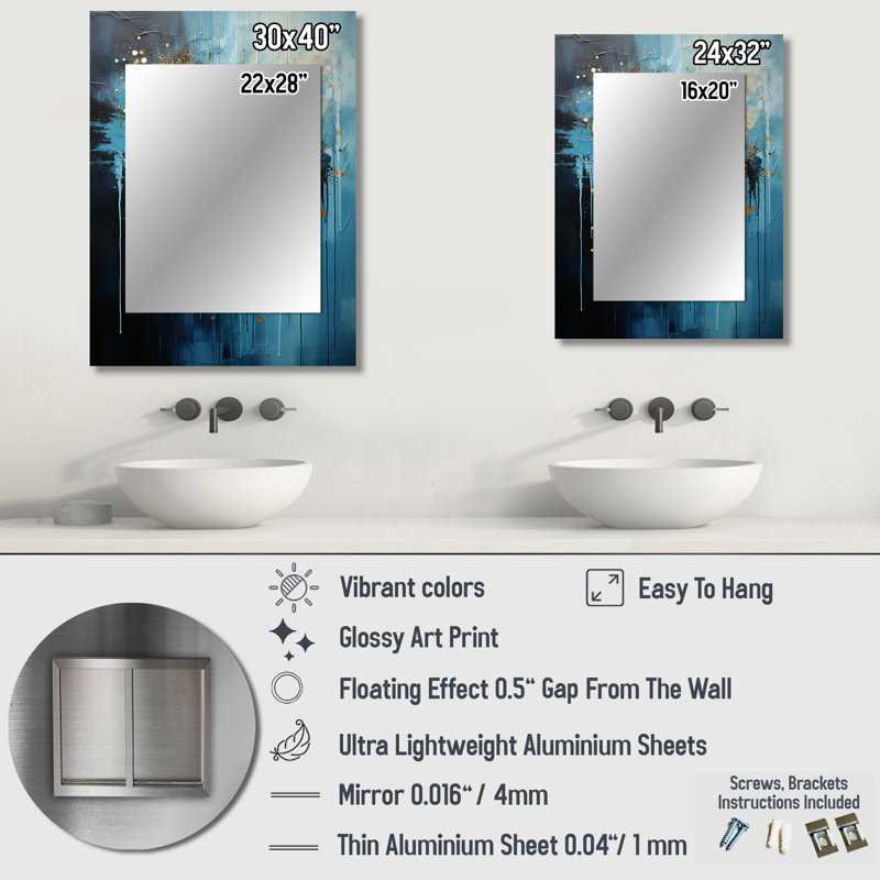 Moon Blue And Gold Cerulean Cycle Dreams II - Blue Modern Wall Mirror, 32" x 24"