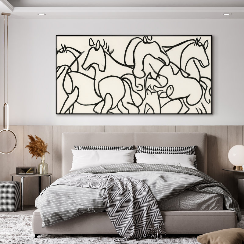 Troupeau de chevaux minimaliste - art mural encadré très grand (assemblage requis), H 36 po x l 72 po