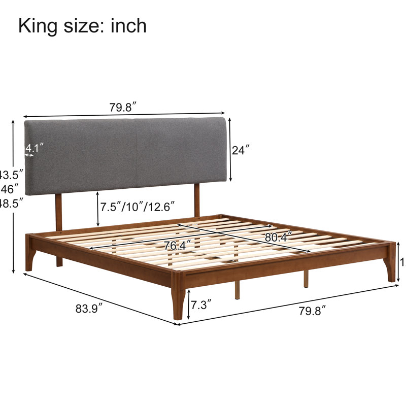 Lit plateforme solide de très grande taille 12 po, tête de lit courbée gris réglable, capacité de poids de 500 lb, cadre de lit au design organique de 7,3 po sous le rangement, assemblage sans effort, motifs naturels