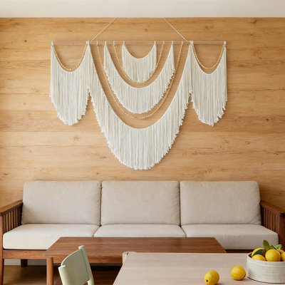 Grand macramé Ameah avec pampilles et perles - Guirlande Boho faite à la main pour chambre d'enfant, mariage, chambre à coucher, manteau de cheminée et toile de fond photo