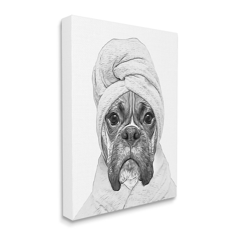 Chien dans un peignoir, animal de compagnie rigolo sur toile, H 48 po x l 36 po x P 1,5 po