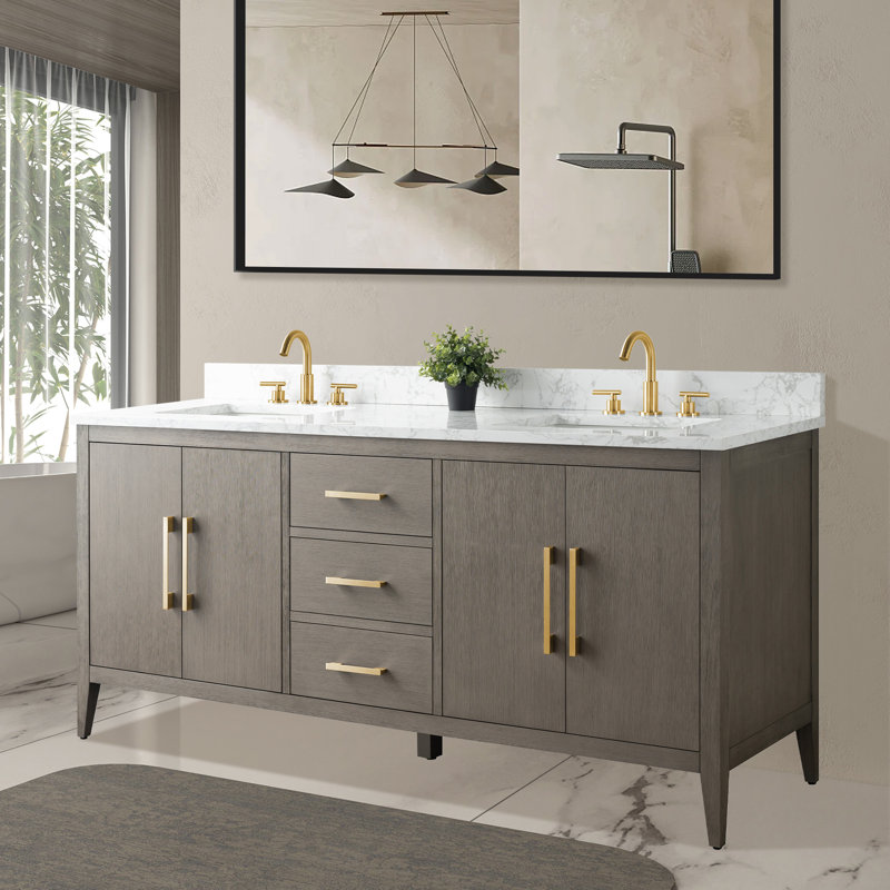 Meuble-lavabo double 72 po avec plateau en marbre, Or brossé, Bois flottant gris
