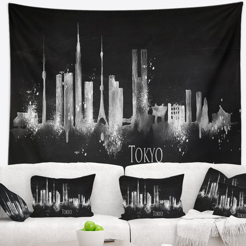 Tapisserie noire tokyo paysage urbain, H 32 po x l 39 po