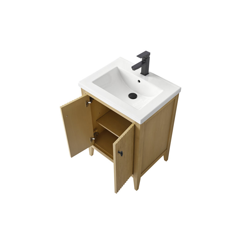 Laval 24" Single Sink Freestanding Bathroom Vanity with White Ceramic Top, Linear Natural Oak, Matte Black, 24"