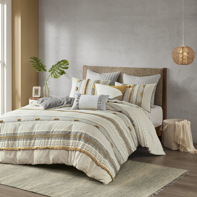 Cody Cotton 3 Piece Duvet Cover Set, Full/Queen Duvet Cover + 2 Standard Shams, Yellow/Gray/Ivory