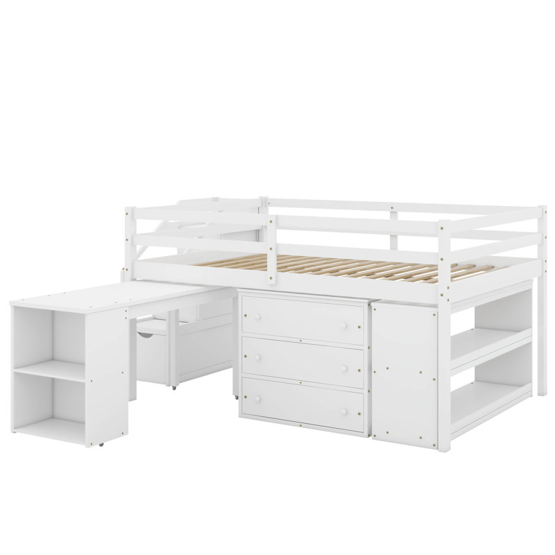 Lit mezzanine double avec bureau d'écriture rétractable et 3 tiroirs, Blanc