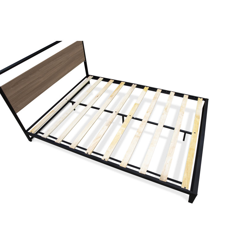 Wilson Queen Frame with 3 Supporting Legs - High-class Bed Frame in Powder Coating Black Color and Weathered Wood Laminate